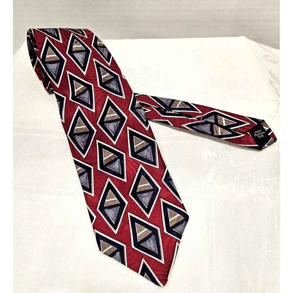 Via Manzoni Men's Tie Burgundy/Navy/White Abstract Pattern 100% Italian Silk